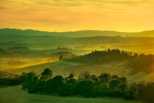 Photo les collines de sienne au coucher du soleil paysage rural avec des cyprès toscane italie