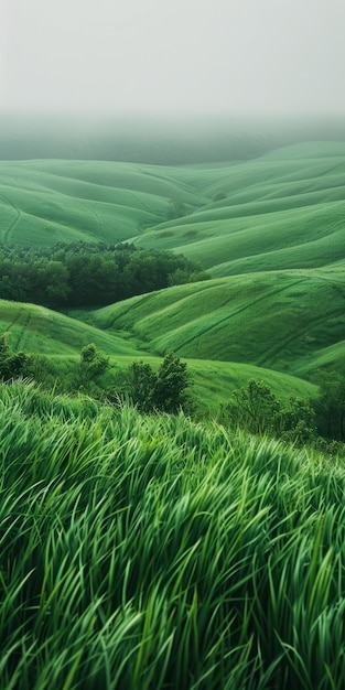 Photo des collines et des vallées vertes au loin avec de l'herbe longue au premier plan