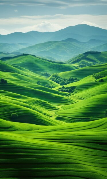 Des collines vertes s'étendant dans une montagne gigantesque.