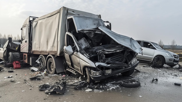 Collision frontale entre une voiture et un gros camion sur une route IA générative