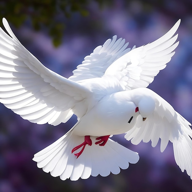 Une colombe blanche aux pieds rouges vole dans les airs.