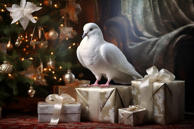 Colombe blanche avec des cadeaux sur le fond d'un arbre de Noël