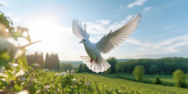 Colombe blanche volant sur un champ vert Symbole d'oiseau de paix Journée internationale de la paix Ai générative