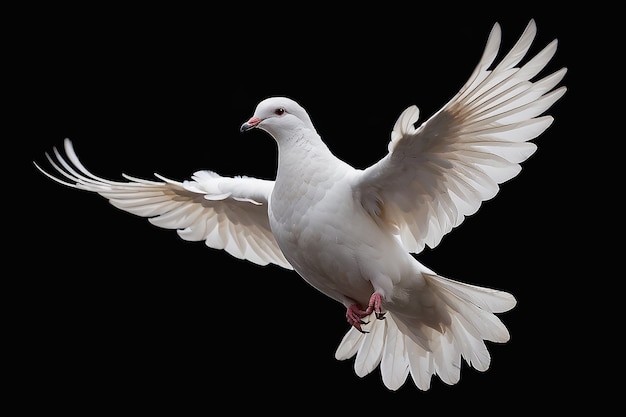 Une colombe blanche volant librement isolée sur un fond noir