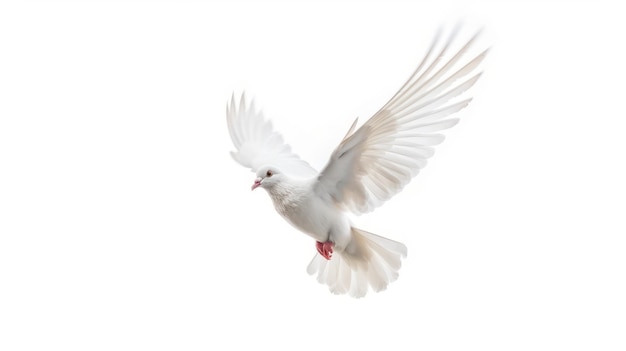 Une colombe blanche vole dans le ciel avec ses ailes déployées.