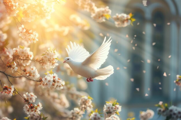 une colombe blanche vole dans le ciel sous les rayons légers du soleil