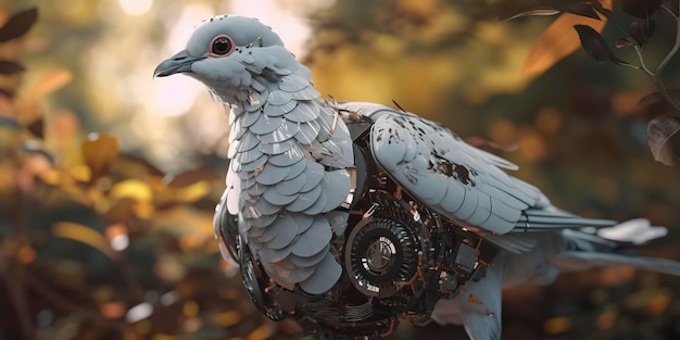 Une colombe cyborg planant dans le ciel alliant technologie et nature AI générative