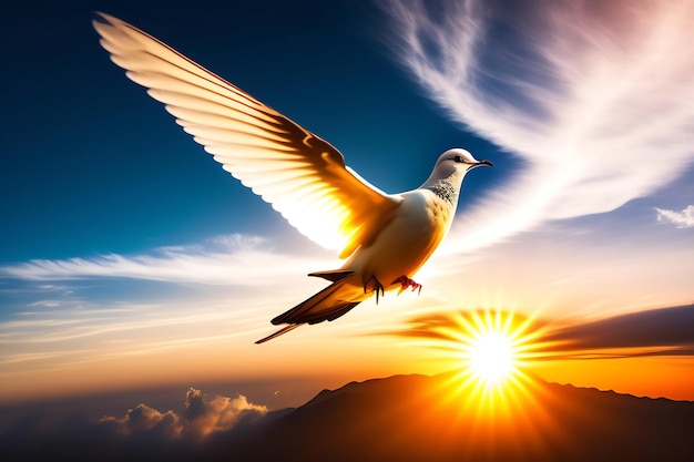 Colombe dans les airs avec les ailes grandes ouvertes devant le soleil Une colombe de la paix