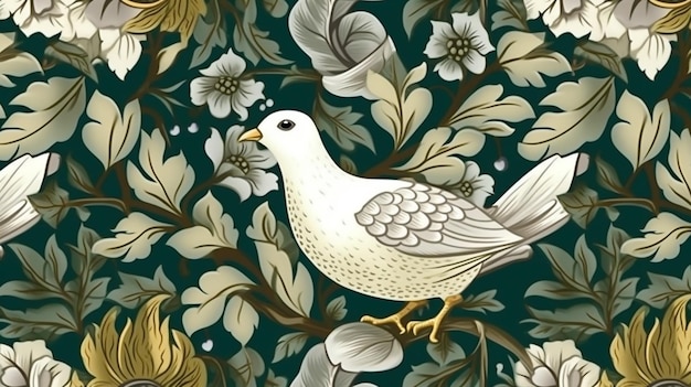 Colombe avec des fleurs et des feuilles dans un style vintage pat sans couture 9