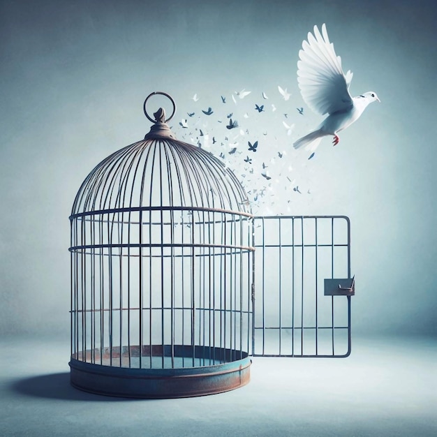 Une colombe libérée de sa cage d'oiseau ouverte, un symbole des droits de l'homme pour tous