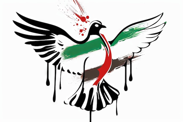 Photo la colombe de la paix avec les couleurs de la palestine une branche d'olivier dans son bec le rouge de la tricolore de la palestine est comme une grande tache de sang goutte goutte isolée sur le fond stylisé