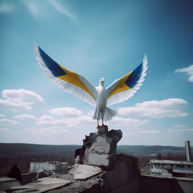 Colombe de la paix générée par AI avec des ailes aux couleurs bleu et jaune de l'Ukraine