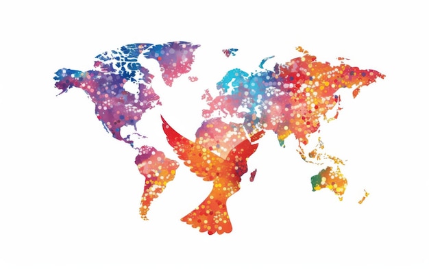 La colombe de l'unité avec l'illustration d'une carte du monde répandant la paix sur un fond blanc