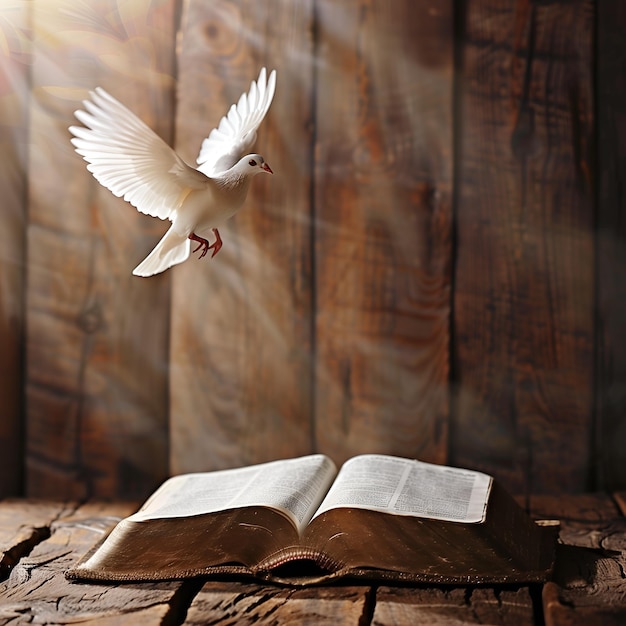 Une colombe volant au-dessus d'un livre ouvert L'esprit saint apparaît sur la Bible