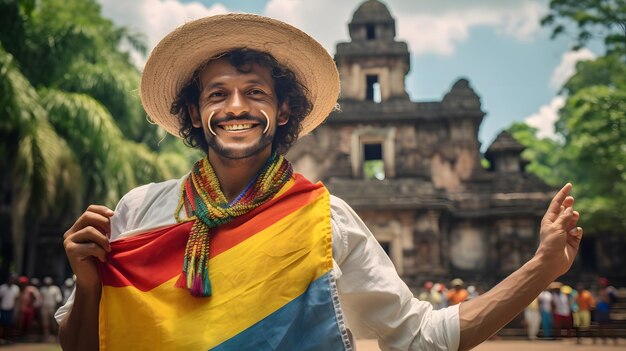 Photo un colombien montrant sa fierté avec un chapeau et une écharpe arc-en-ciel