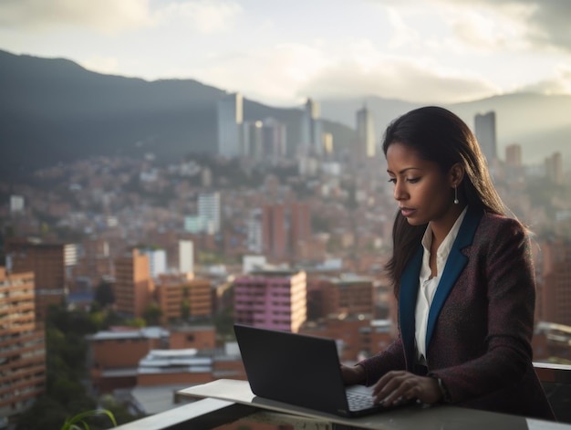 Une Colombienne travaille sur un ordinateur portable dans un environnement urbain animé