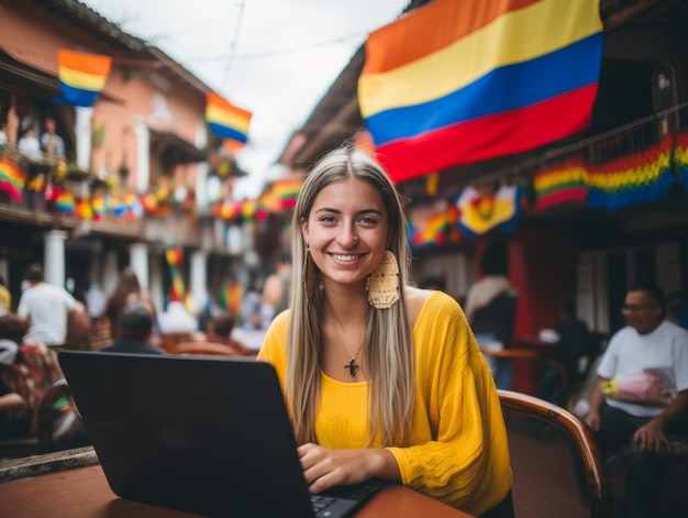 Une Colombienne travaille sur un ordinateur portable dans un environnement urbain animé