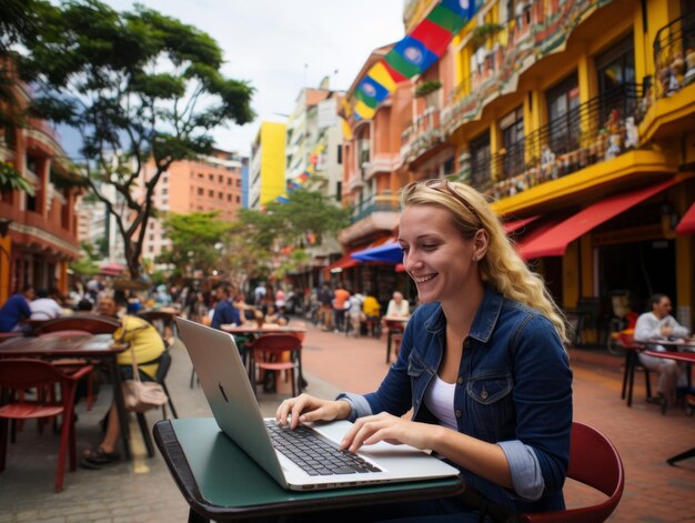 Une Colombienne travaille sur un ordinateur portable dans un environnement urbain animé