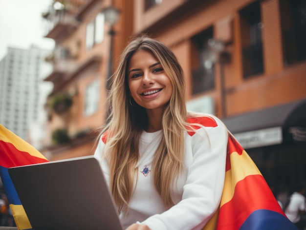 Une Colombienne travaille sur un ordinateur portable dans un environnement urbain animé