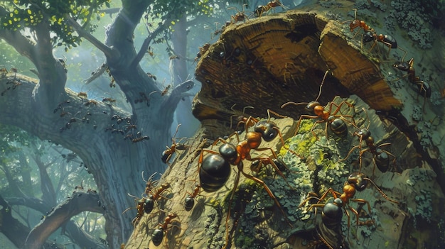 Photo une colonie de fourmis animée sur un tronc d'arbre illustre la diligence des insectes