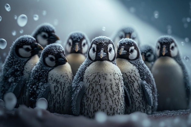 Une colonie de pingouins se blottissant ensemble pendant la saison des neiges glacées