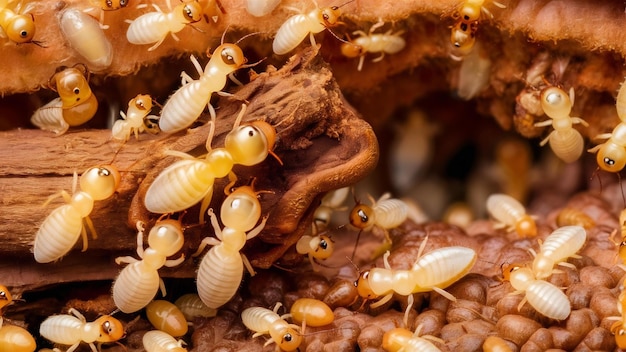 Colonie de termites qui mangent du bois