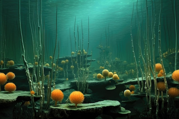 Colonie de Vorticella avec des tiges étendues dans l'eau créée avec une IA générative