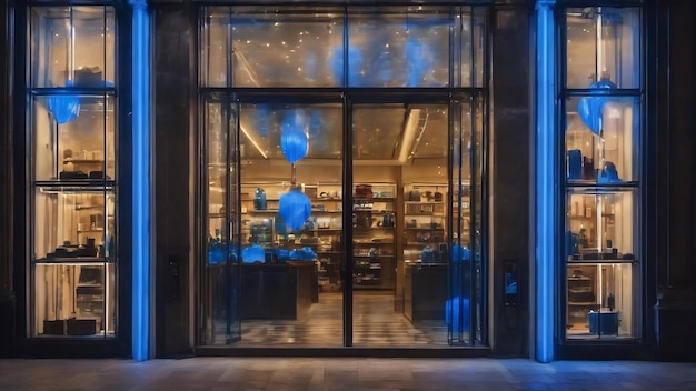 Une colonne de lumières bleues dans une vitrine