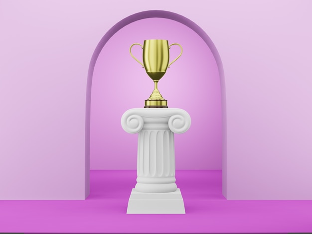 Colonne podium abstraite avec un trophée d'or sur fuchsia