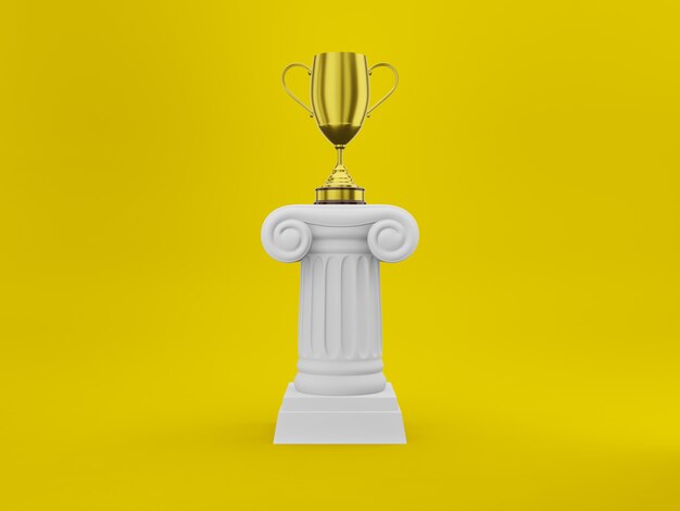 Colonne podium abstraite avec un trophée d'or sur jaune