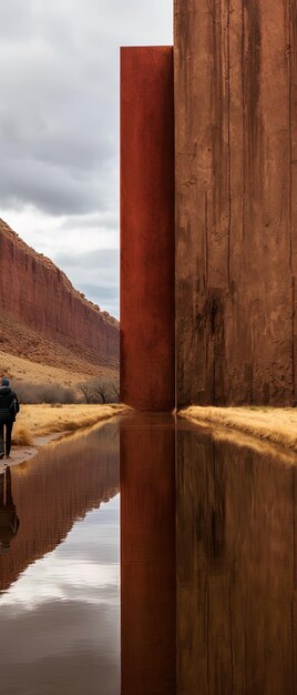 une colonne rouge avec un reflet d'un homme dans l'eau