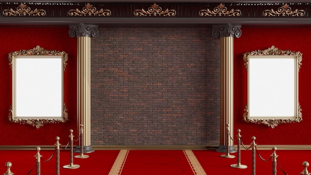 Colonnes classiques dorées et fond de mur avec des briques et un cadre doré de tapis rouge sur un rendu 3D de mur rouge