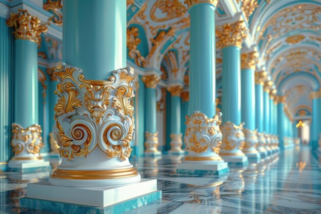 Photo les colonnes ornées et les pilastres d'une salle opulente disparaissent au loin.