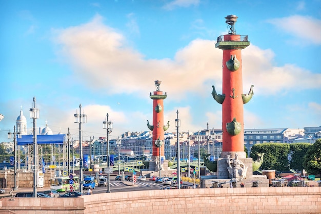 Colonnes rostrales et l'édifice Exchange sur Strelka St Petersburg