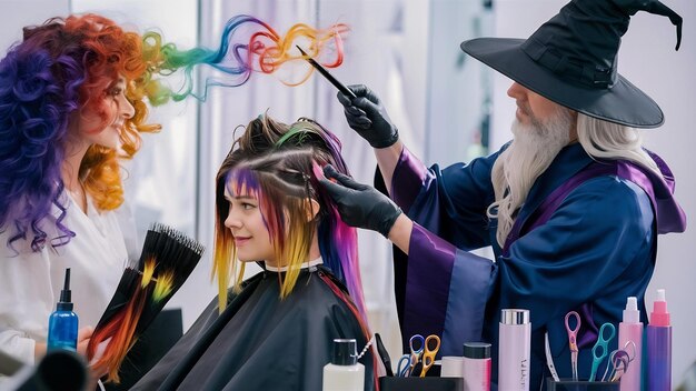 Photo la coloration des cheveux dans le salon, la coiffure, le magicien professionnel peint les cheveux dans le salon.