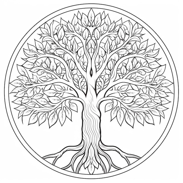 un coloriage avec un arbre dans un cercle IA générative