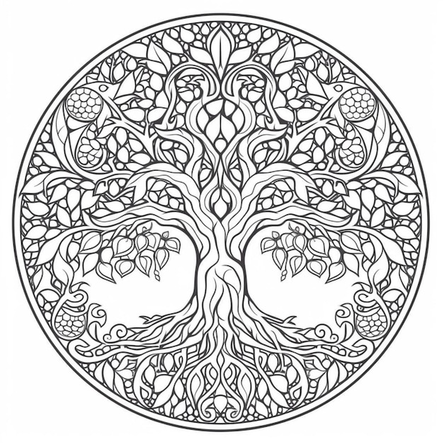 un coloriage avec un arbre de vie au milieu ai générative