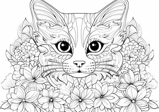 Photo un coloriage avec un chat entouré de fleurs et de feuilles ai générative