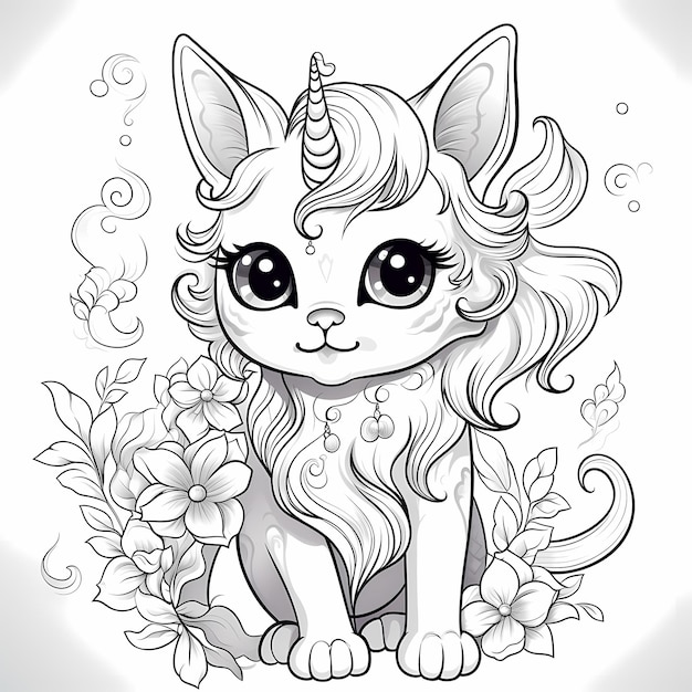 Photo coloriage de chat licorne réaliste avec crinière magique et miaou