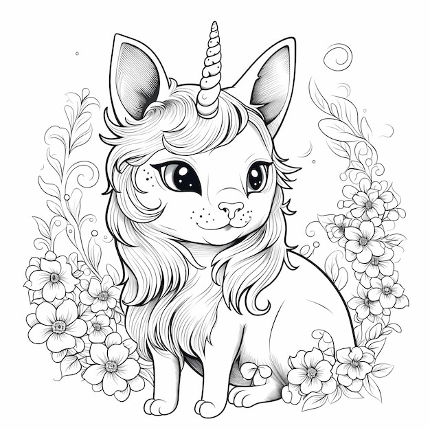 Coloriage de chat licorne réaliste fantastique félin magique