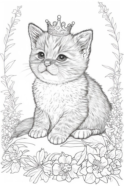 Coloriage chaton avec des lignes de pensée couronne pas d'ombre