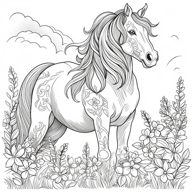 un coloriage d'un cheval avec une belle crinière et des fleurs ai générative