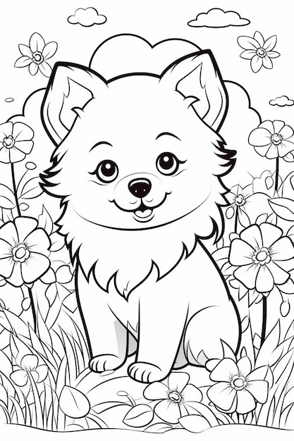 un coloriage d'un chien assis dans un champ de fleurs ai générative