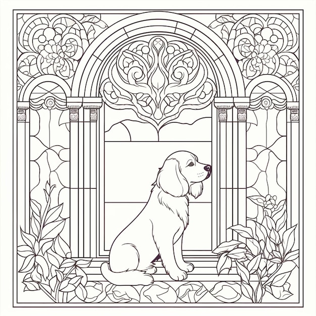 un coloriage d'un chien assis devant un vitrail IA générative