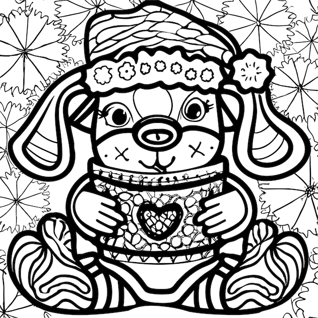 Photo un coloriage avec un chiot et un cadeau de noël par ia générative