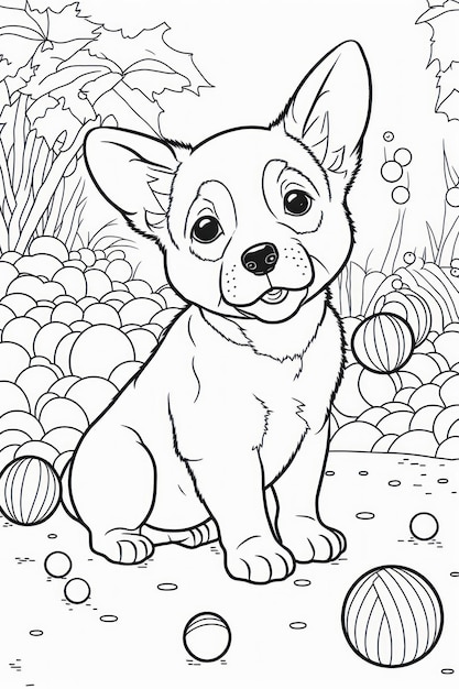 Coloriage chiot chanceux jouer avec balle pense lignes sans ombre