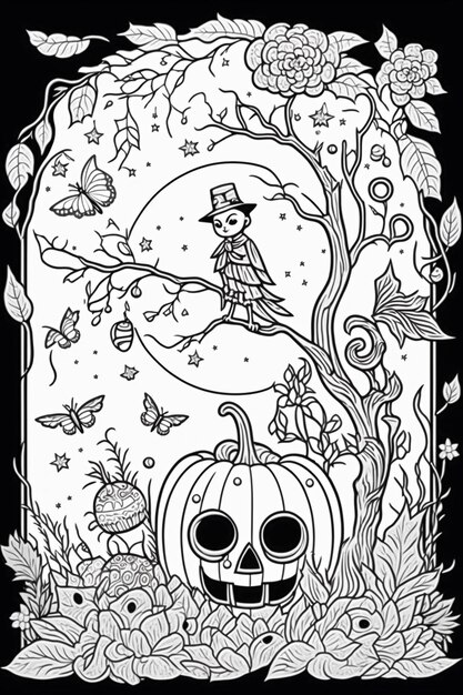 un coloriage avec une citrouille d'Halloween et une sorcière sur un balai ai générative