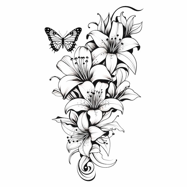 Photo coloriage de conception de tatouage de fleurs et de papillons lilly