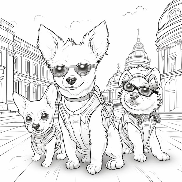 un coloriage de deux chiens avec des lunettes de soleil et un sac à dos ai générative