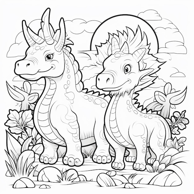 un coloriage avec deux dinosaures et un dragon IA générative